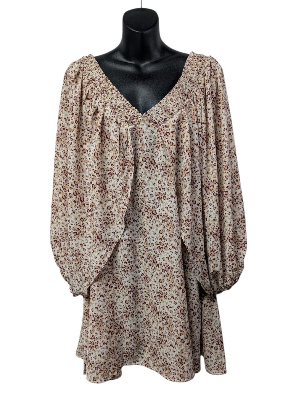JODIFL Women's Size L Beige Brown Animal Print Smocked V-Neck Mini Dress NWT